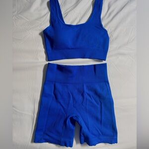 Blue Ribbed Sports Bra and Shorts Set